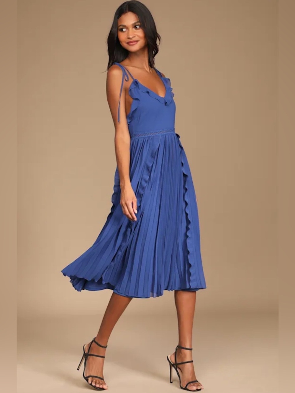 Never A Dull Moment Royal Blue Tie-Trap Pleated Midi Dress